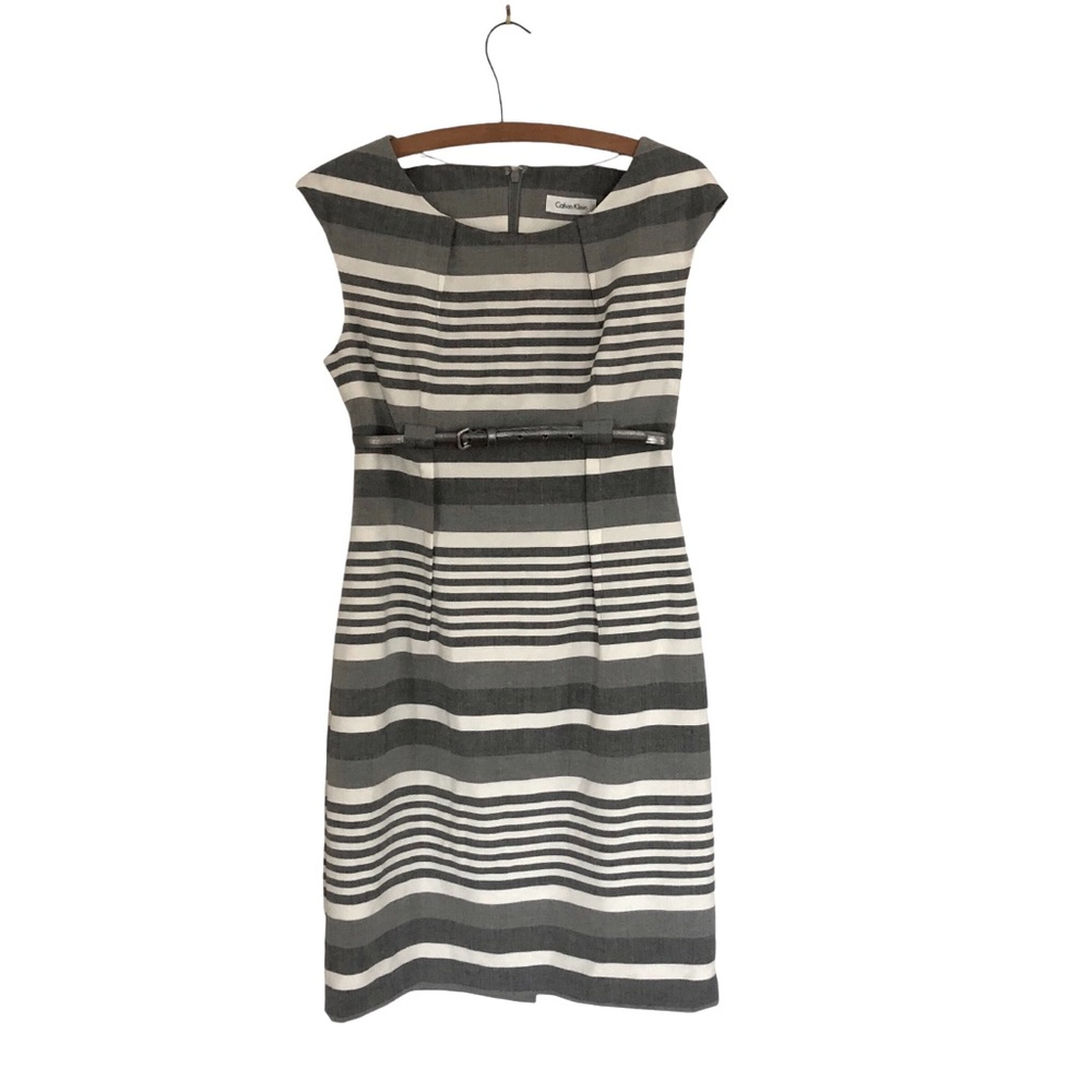 Calvin Klein Gray/White Striped Shortsleeve Belted Dress Size 6P